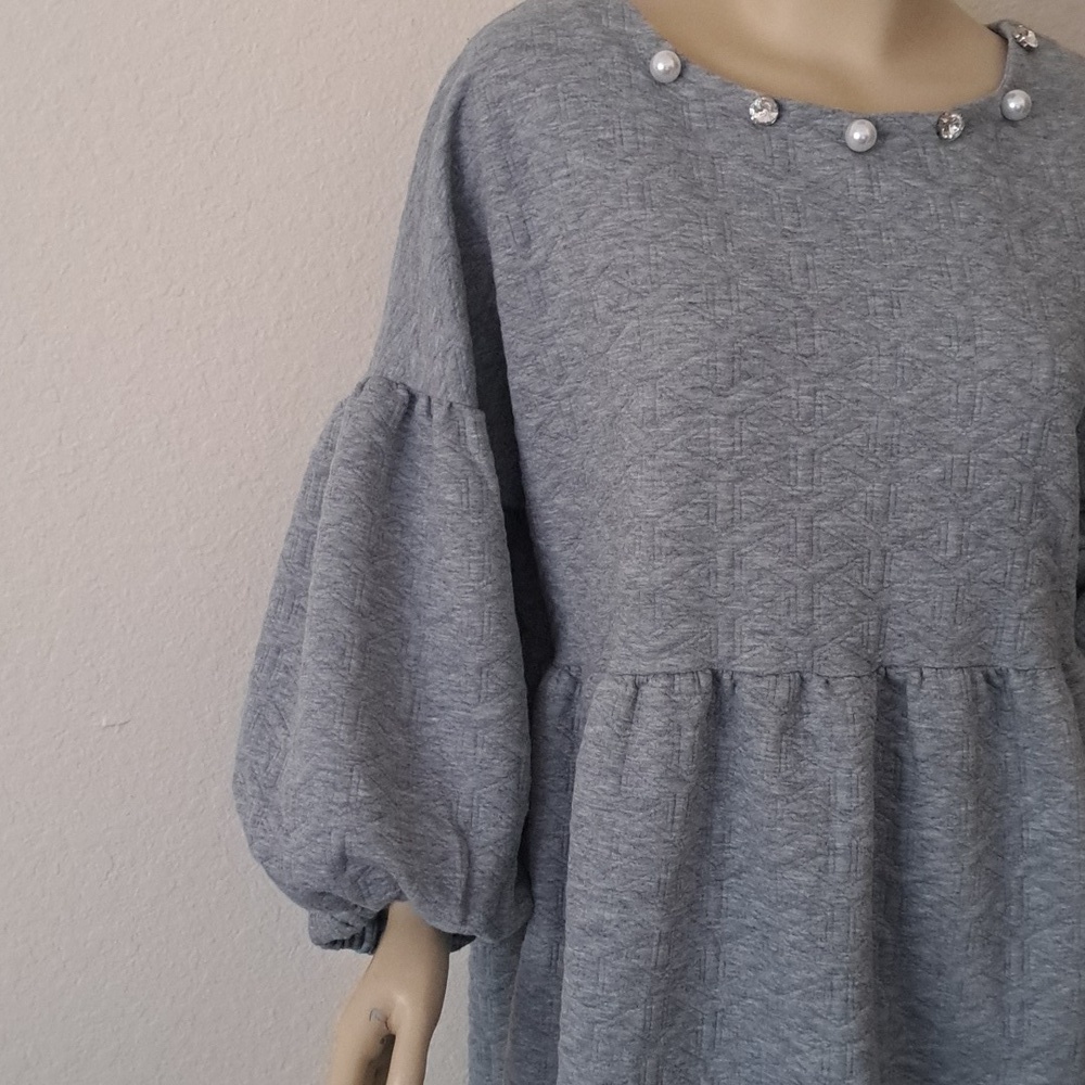 Gray  Dress with Pearl and Rhinestone Accents  Balloons Sleeves - Picture 7 of 9